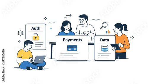 Collaborative Service Design. Service-oriented development. Developers working with separate service cards labeled auth, payments, data. Focused teamwork and