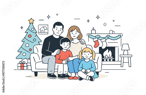 Minimalist Family Holiday Portrait. Holiday family portrait at home. Family posing in a cozy living room with minimal holiday decor like a tree or garland.