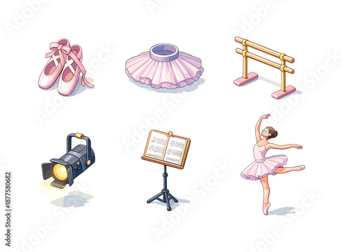 Ballet Icon Grid. Ballet. Isometric flat vector icons set of Ballet and Modern Dance Sections: ballet slippers, tutu, barre, stage spotlight, music sheet,
