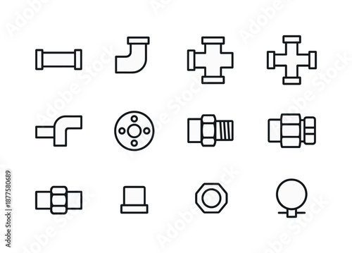 Pipe Fittings Icons. In-wall pipe routing diagram. Line icon set of connection fittings: straight pipe, elbow connector, T-connector, cross