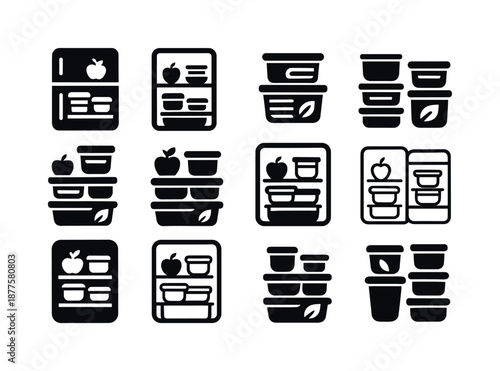 Healthy Meal Icons. Healthy meal prep culture. Icon set. Set Logo of Healthy meal prep culture: Organized fridge shelf: Flat solid, Symmetrical form, Iconic