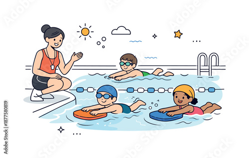 Kids Swimming Lesson. Kids learning to swim. Children practicing swimming in a pool with an instructor nearby, calm movements and supportive gestures. Feeling