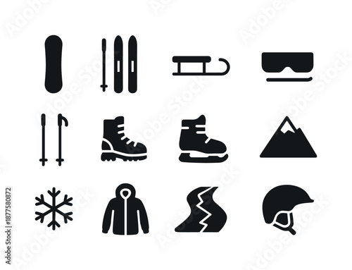 Winter Sports Icons. Winter sports. Solid icon set of winter sports: snowboard, skis, sled, skate blade, ski poles, snow boots, thermal goggles, alpine peak,
