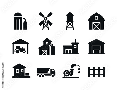 Farm Infrastructure Icons. Farm infrastructure. Solid icon set of farm infrastructure: storage silo, windmill, water tower, barn, tractor shed, feed mill,