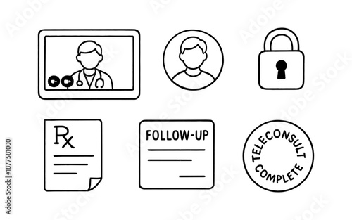 Telehealth icons set featuring medical consultation and security symbols in linear style