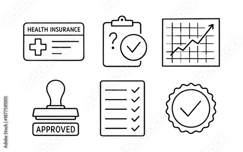 Health insurance icons with checklist and checkmark symbols in linear style