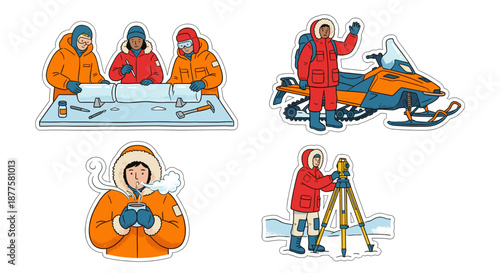 Antarctic Research Scientists Vector Set Analyzing Ice Core Sample Driving Snowmobile and Surveying Land with Theodolite for Climate Study Concepts