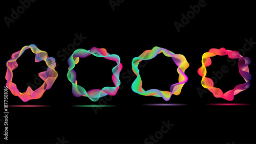 Neon Gradient Abstract Sound Wave Ring Set on Black Background – Colorful Music Equalizer Circle Collection for Audio Visualizer, DJ, Festival, Technology, UI, and Futuristic Design