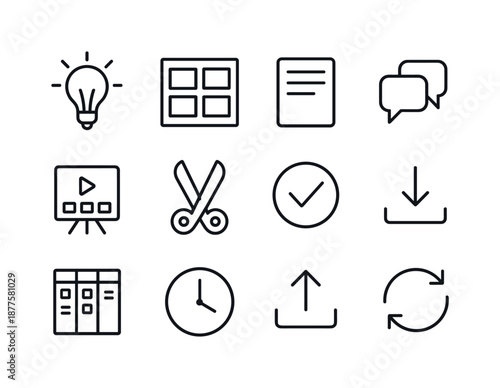 Creative Workflow Icons. Creative Workflow. Line icon set of Creative Workflow: idea bulb, storyboard, draft notes, collaboration bubble, media plan, editing