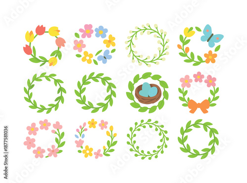 Spring Wreath Icons. Spring Wreaths. Colorful flat vector icons set of Spring Wreaths: tulip ring, pastel blooms, baby?s breath sprigs, butterfly accent, green
