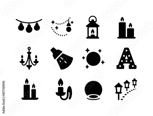 Wedding Lighting Icons. Wedding lighting ideas. Solid icon set of wedding lighting ideas: string lights, fairy lights, lantern icon, candle cluster, chandelier
