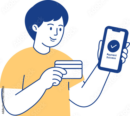 Online Shopping Payment Illustration of Man Paying with Smartphone and Card, Secure Digital Transaction Concept