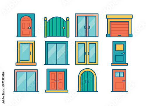 Colorful Outdoor Door Icons. Outdoor doors. Colorful flat vector icons set of outdoor doors: front entrance, garden door, balcony door, garage door, porch