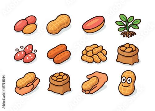 Peanut Icon Collection. Peanuts. Colorful isometric vector icons set of peanuts: shelled peanut, unshelled peanut, peanut half, peanut shell cracked, salted