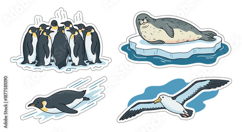 Antarctic Wildlife Vector Set Featuring Emperor Penguins Huddling and Sliding Weddell Seal Resting on Ice Floe and Albatross Flying for Nature Concepts
