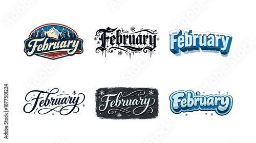 February Lettering Styles. February winter vibes. Set lettering. harmonious lettering variations of the same emblematic concept, each with different artistic