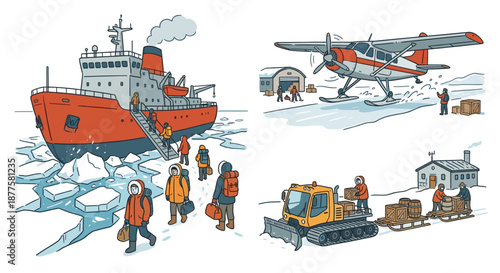 Arctic Expedition Logistics Vector Set Featuring Icebreaker Ship Landing Plane and Snowcat Vehicle Hauling Cargo on Frozen Tundra for Polar Exploration and Research Concepts