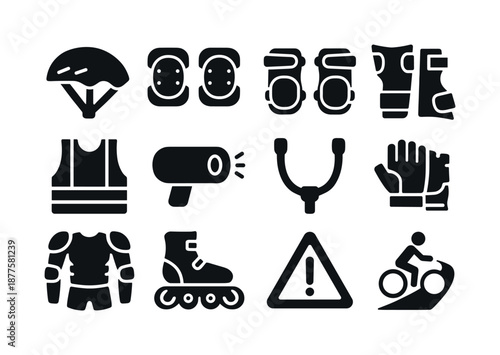 Cycling Safety Icons. Cycling and skating safety. Solid icon set of cycling and skating safety: bicycle helmet, knee pads, elbow pads, wrist guards, reflective