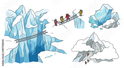 Extreme Polar Mountaineering Vector Set Illustrating Alpinists Crossing Glacial Crevasse on Ladder and Climbing Snowy Mountain Peak for Adventure Risk and Teamwork Concepts
