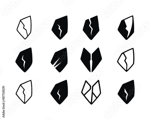 Shattered Mirror Logos. Shard. Icon set. Set Logo of shard: shattered mirror piece. harmonious logo variations of the same emblematic concept, each with