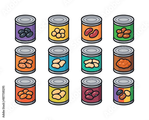 Colorful Canned Beans Icons. Canned Beans. Colorful isometric vector icons set of Canned Beans: canned black beans, canned chickpeas, canned kidney beans,