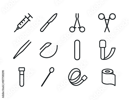 Medical Tool Icons. Medical tools. Line icon set of Medical tools: syringe, scalpel, forceps, scissors, tweezers, suture needle, tongue depressor, blood vial,
