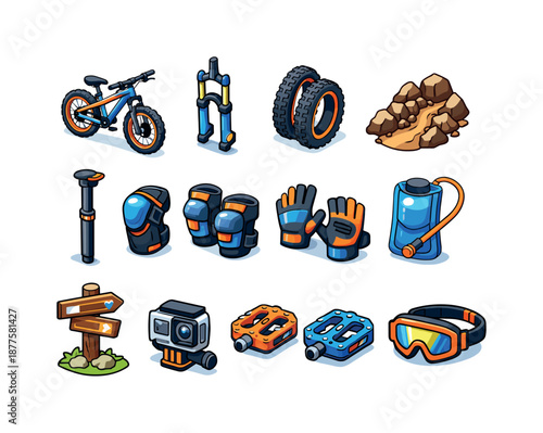 Mountain Biking Icons. Mountain biking. Colorful isometric vector icons set of mountain biking: trail bike, suspension fork, rugged tires, rocky trail, dropper
