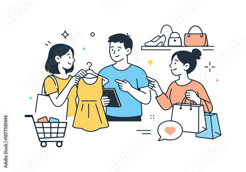 Friends Shopping Together. Shared shopping experience. Friends browsing items and making choices together in a calm, enjoyable mood. Social connection and