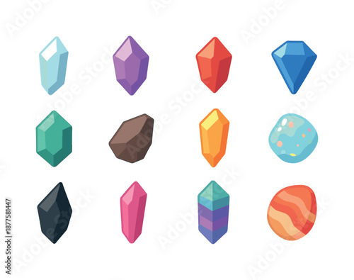 Colorful Crystal Icons. Crystal Shards. Colorful flat vector icons set of Crystal Shards: quartz shard, amethyst shard, ruby shard, sapphire shard, emerald