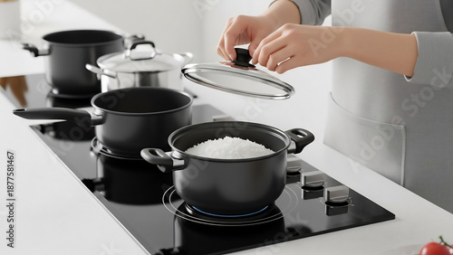 Cooking pots gleam invitingly in bright modern kitchen