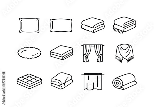 Soft Covers Icons. Soft covers. Line icon set of Soft covers: cushion cover, pillowcase, plush blanket, fleece throw, soft rug, linen sheet, fabric drape,