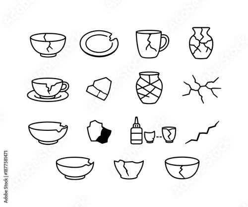 Broken Ceramics Icons. Broken ceramics. Line icon set of Broken ceramics: cracked bowl, chipped plate, fractured mug, shattered vase, broken teacup, ceramic
