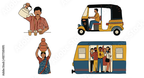 Indian Daily Lifestyle Set with Chaiwala Pouring Tea and Crowded Local Train Commute. Local Flavor Vector Illustration of Public Transport and Traditional Working People.