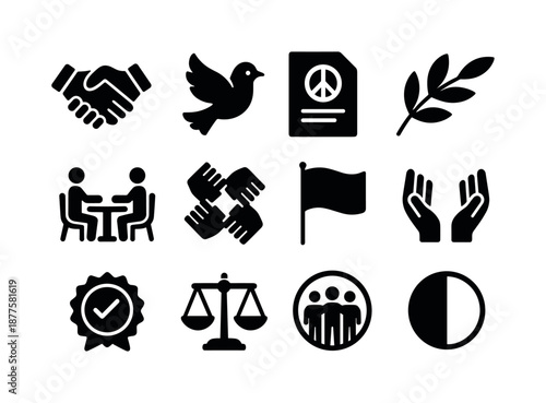 Peace Icons Collection. Peace and resolution. Solid icon set of peace and resolution: handshake icon, peace dove, treaty document, olive branch, negotiation