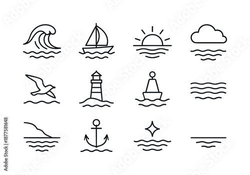 Ocean Sunset Icons. Ocean sunset. Line icon set of Ocean sunset: big wave, sailboat, setting sun, cloud, flying seagull, lighthouse, buoy icon, sea ripple,