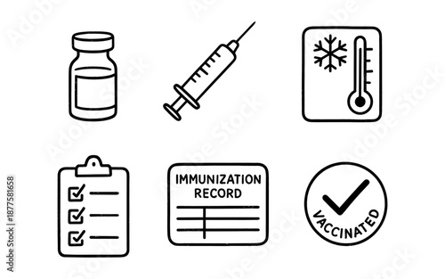 Vaccination essentials icons: syringe, vaccine bottle, immunization record, and more
