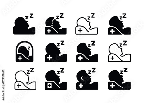 Sleep Science Icons. The science of sleep and its impact on health. Icon set. Set Logo of The science of sleep and its impact on health: sleeping silhouette.