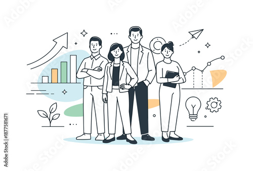 Future-Ready Team. Future-ready organization. Team standing confidently in front of abstract digital shapes. Sense of readiness and evolution, minimal symbols