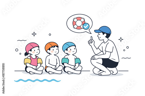 Swim Lesson Safety. Kids learning to swim safety. Children wearing swim caps or floaties while listening to simple instructions, calm attentive posture.