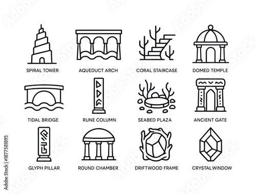 Atlantean Architecture Icons. Atlantean architecture. Line icon set of Atlantean architecture: spiral tower, aqueduct arch, coral staircase, domed temple,