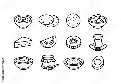 Middle Eastern Breakfast Icons. Middle Eastern breakfast. Line icon set of middle eastern breakfast: hummus bowl, pita bread, falafel ball, olives bowl, feta