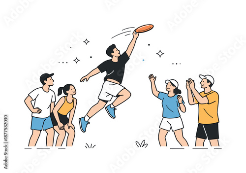 Dynamic Frisbee Catch. Group playing frisbee motion. One player jumping to catch the frisbee while others watch. Dynamic movement and playful excitement.
