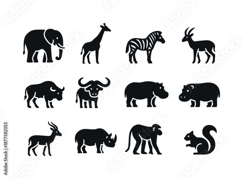 Savanna Animal Icons. Savanna Herbivores. Solid icon set of Savanna Herbivores: elephant, giraffe, zebra, antelope, wildebeest, buffalo, warthog, hippo,