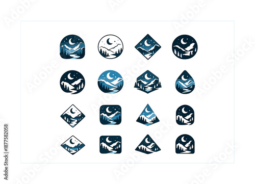Quiet Valley Icons. Quiet Valley. Icon set. Set Logo of Quiet Valley: moonlit valley silhouette. harmonious logo variations of the same emblematic concept,