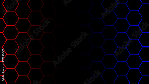 Red and Blue Neon Hexagon Honeycomb Background on Black – Futuristic Tech Grid Gradient Pattern for Cyber Security, Digital Network, Sci-Fi Interface, Abstract Wallpaper