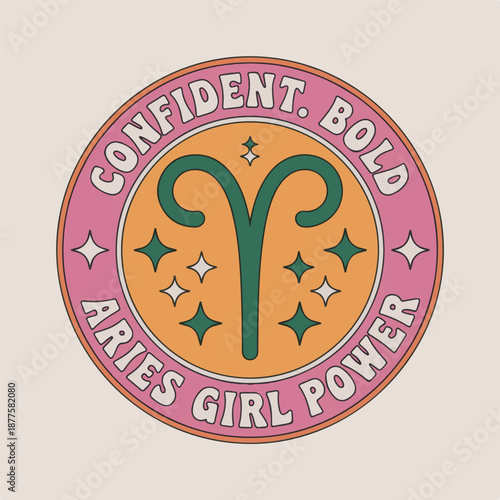 Retro circle design with aries zodiac sign and girl power text