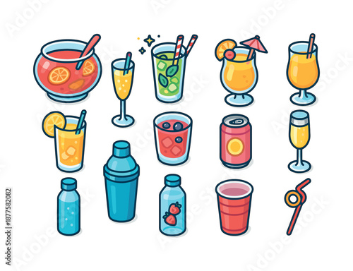 Colorful Party Drinks. Party drinks. Colorful isometric vector icons set of party drinks: fruit punch bowl, sparkling cocktail, mojito glass,
