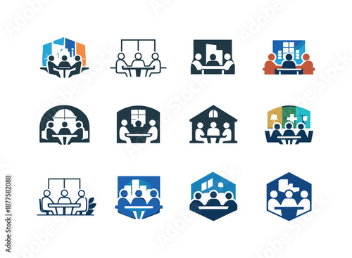 Coworking Logo Variations. coworking. Icon set. Set Logo of coworking: office building interior. harmonious logo variations of the same emblematic concept,