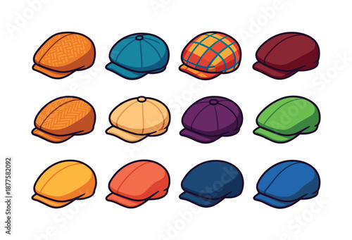 Colorful Newsboy Caps Icons. Newsboy cap. Colorful isometric vector icons set of newsboy cap: classic tweed cap, wool newsboy cap, plaid cap pattern, leather