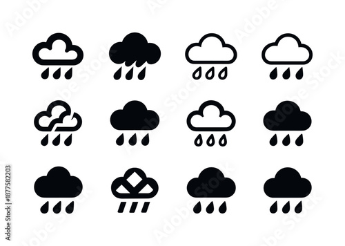 Stormy Clouds Logo Set. stormy clouds. Icon set. Set Logo of stormy clouds: heavy rain drops. harmonious logo variations of the same emblematic concept, each